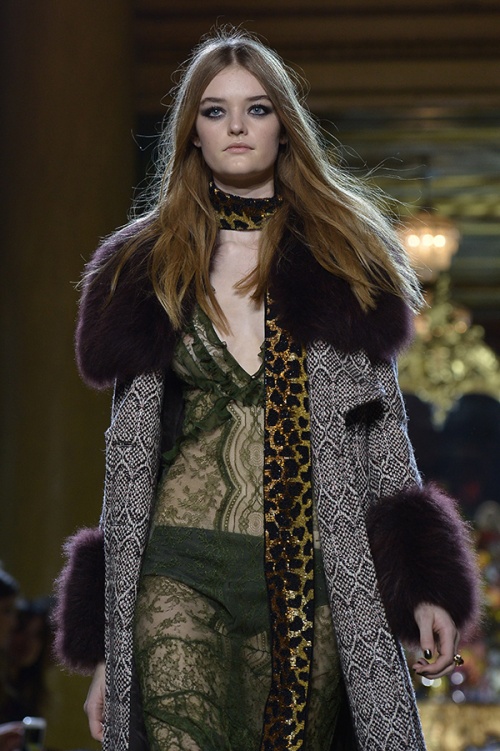 Roberto Cavalli goes wild with animal-print scarves and coats (Credit: Tiziana Fabi / AFP)